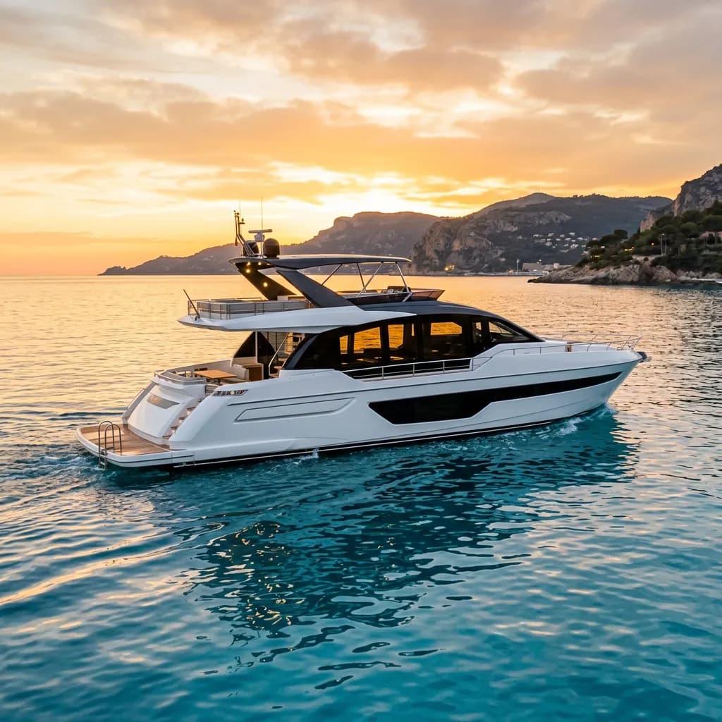 Weiße Luxusyacht mit dunkel getönten Fenstern auf türkisfarbenem Meer bei Sonnenuntergang.